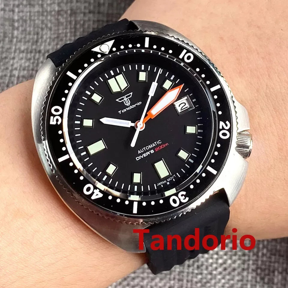 Tandorio 44mm Turtle Series 200m Waterproof Sapphire Crystal Glass NH35A White Date C3 Lume Hands Automatic Men Dive Watch