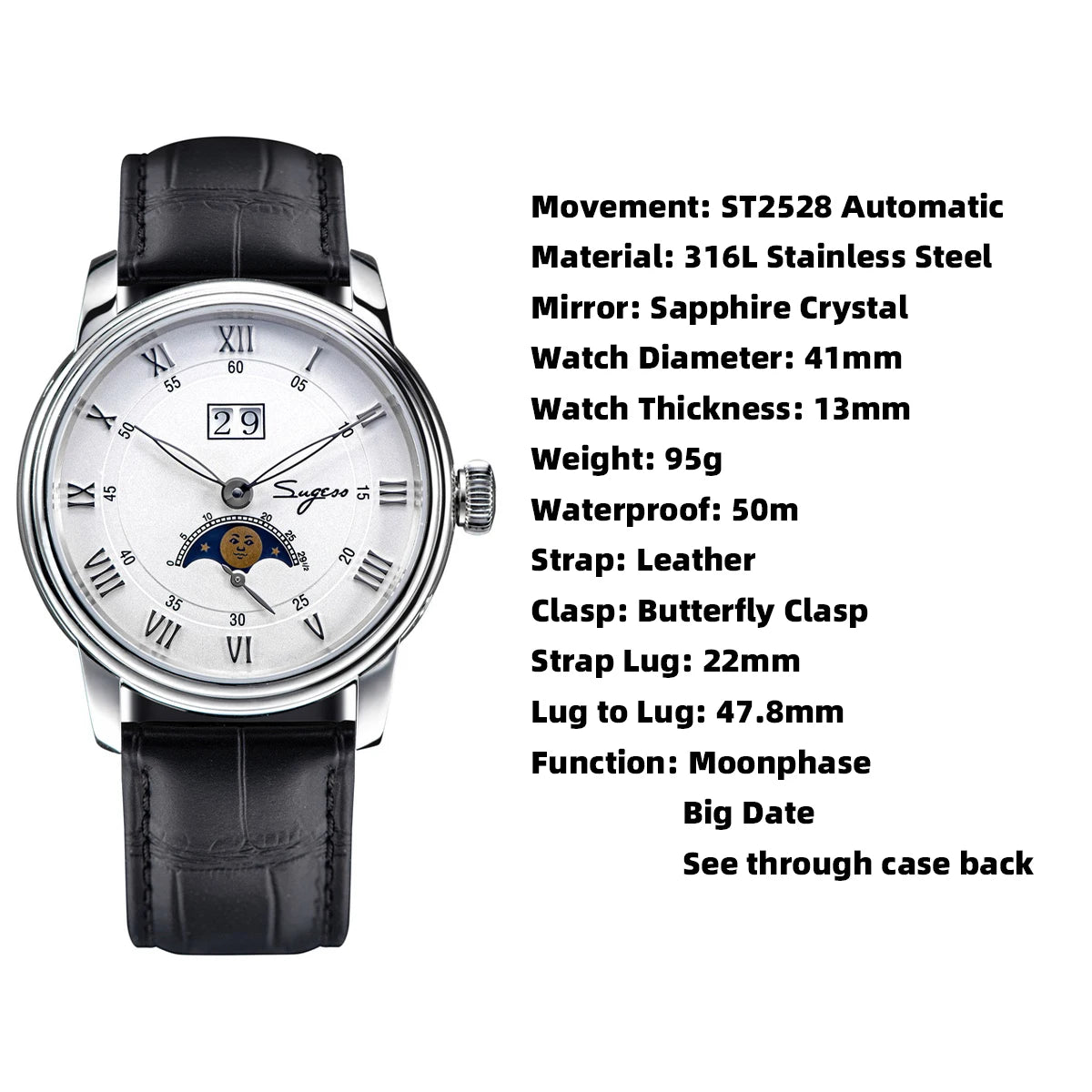 2023 Sugess Automatic Mechanical Watch of Men Moonphase Wristwatches Seagul Movement ST2528 Waterproof Sapphire Big Date New
