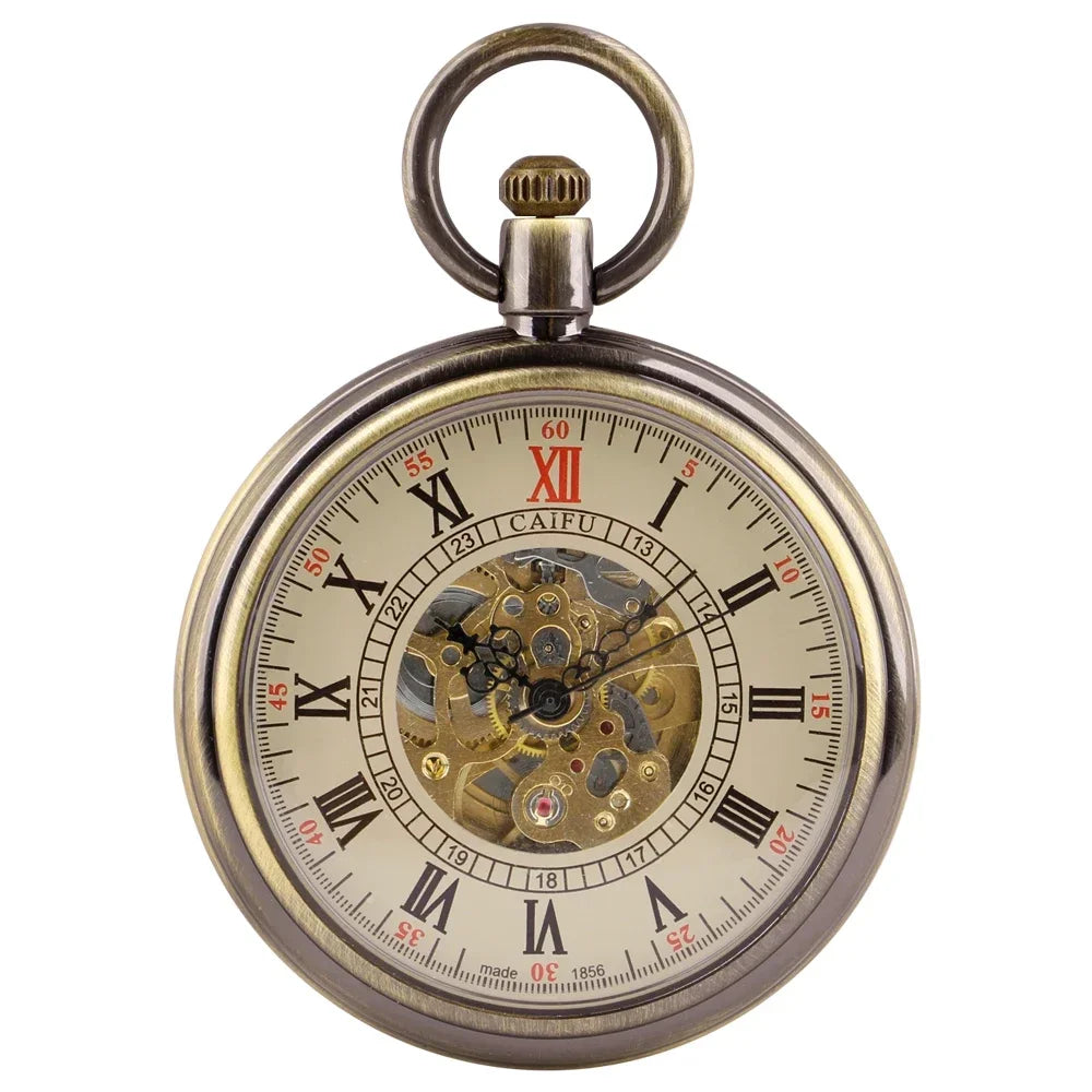 Open Face Roman Numerals Display Automatic Pocket Watch Bronze Metal Case Retro Punk Pendant Self Winding Pocket Clock