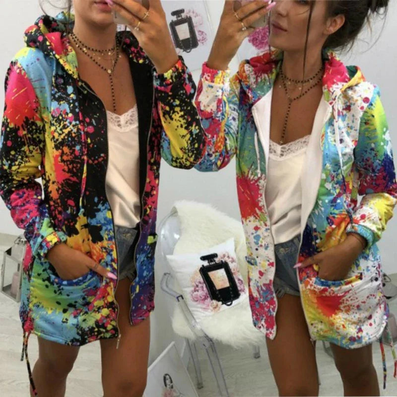 Black Jackets Women Outerwear Coats 2025 Jackets Female Fashion Tie Dyeing Print Outwear Sweatshirt Hooded Zopper Coat Harajuku