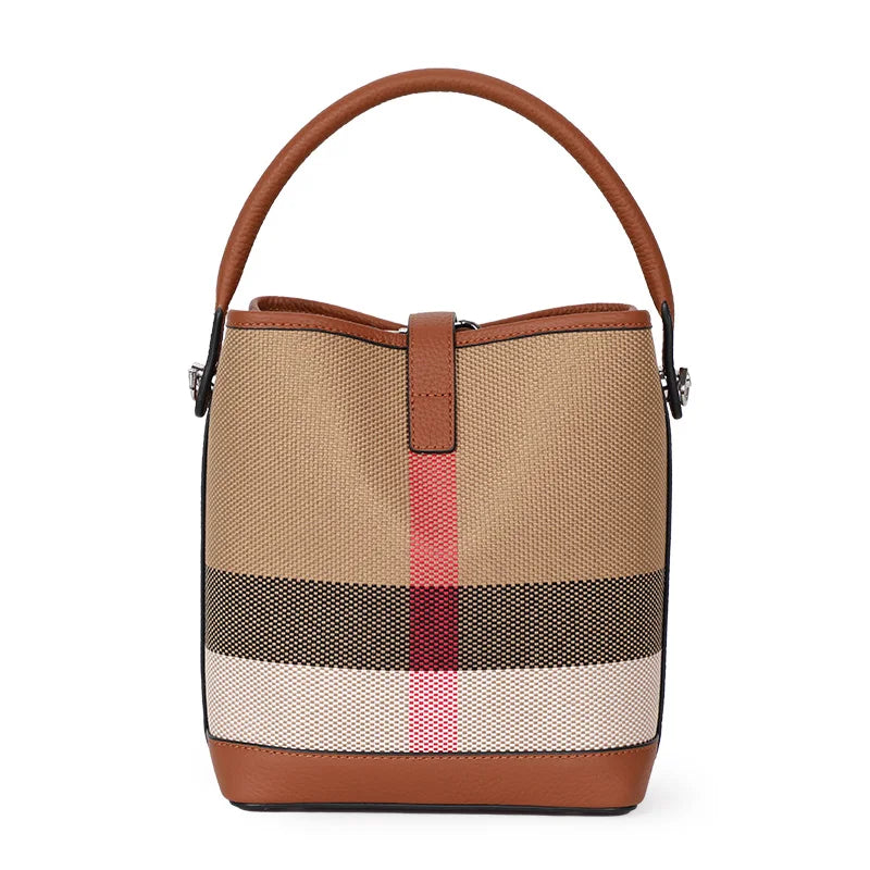 New canvas paired with cowhide women's shoulder crossbody bag, fashionable plaid pattern bucket bag