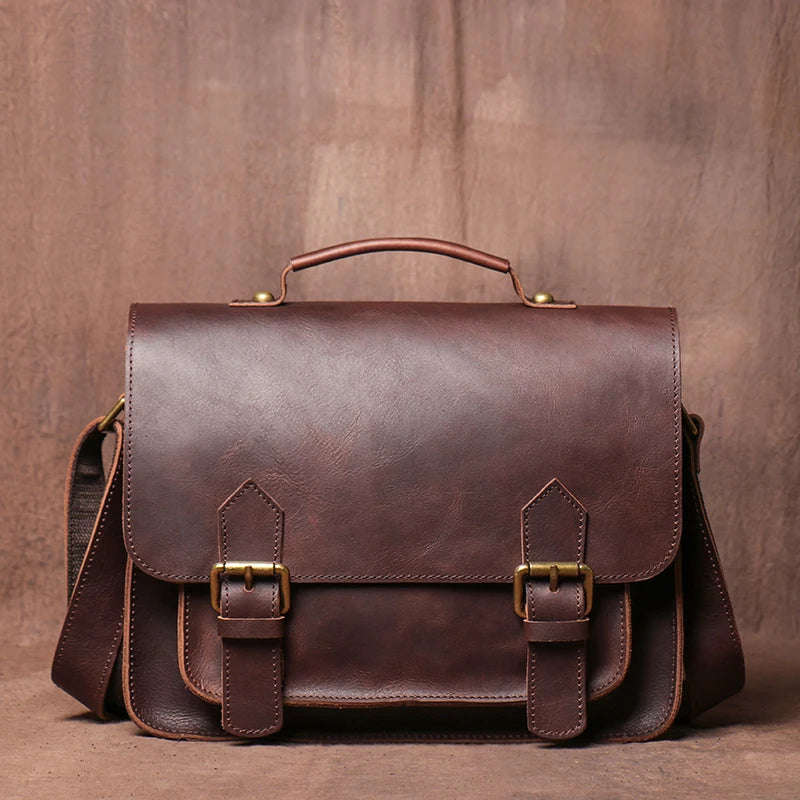LUOKIR Men's Genuine Leather Handbag Vintage Cowhide Shoulder Crossbody Classic Flap Messenger Preppy Style Cambridge Book Bags