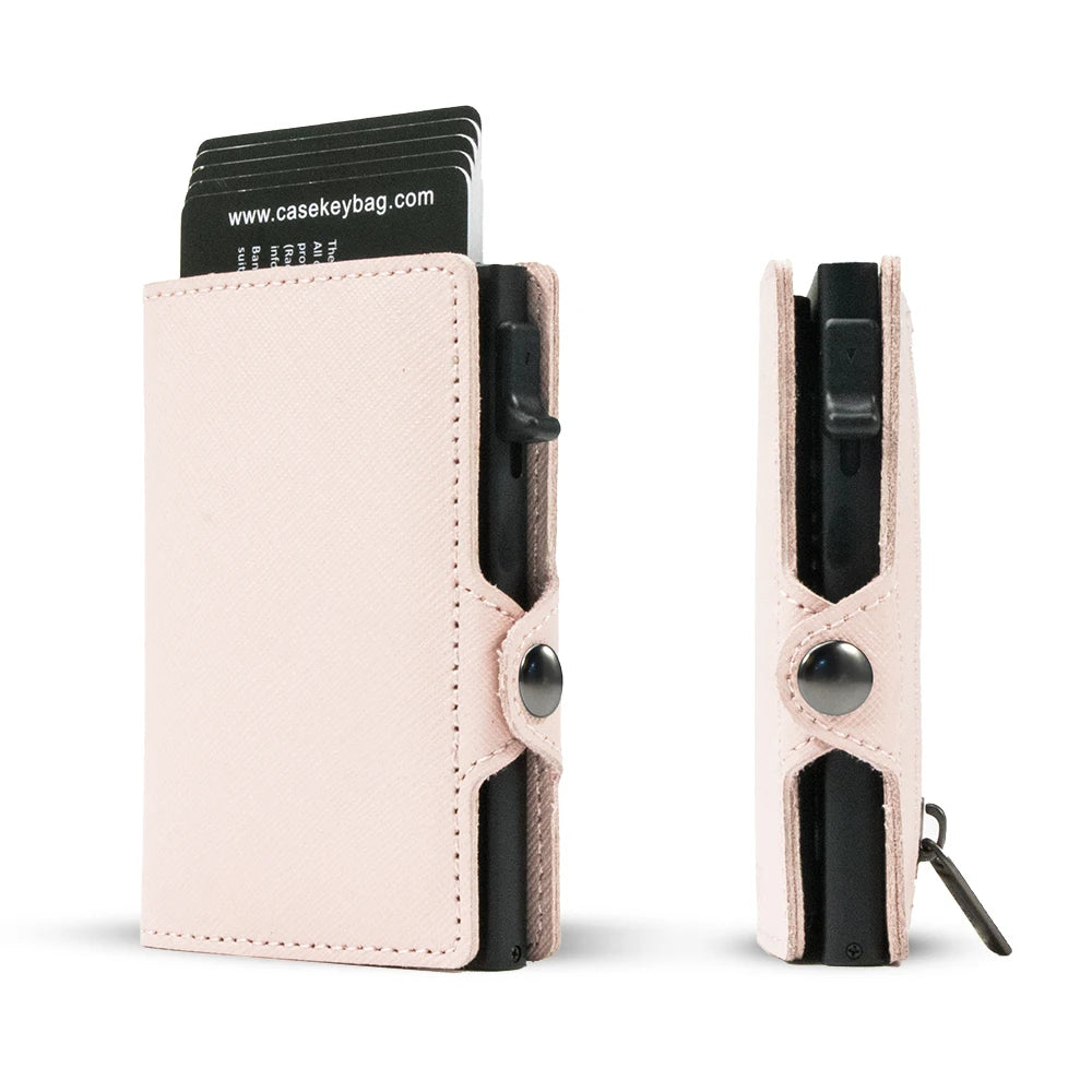 CASEKEY Slim Men Wallet Saffiano Genuine Leather Pop Up Credit Card Holder Billetera RFID Blocking Smart Wallet with Coin Purse