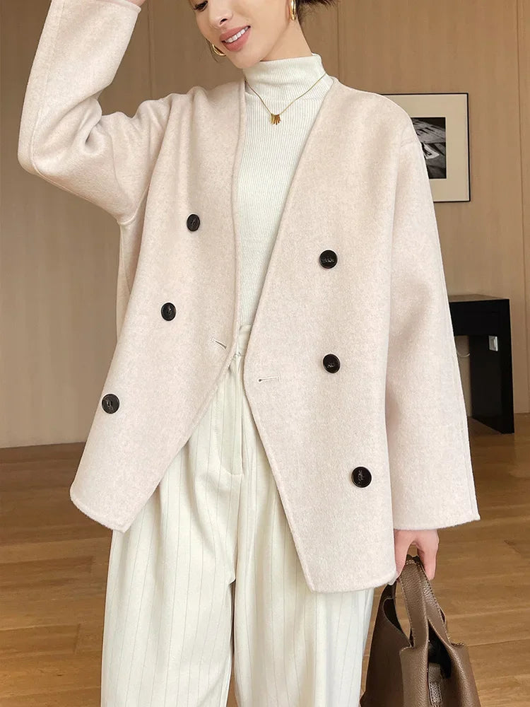 Women 100 Wool Tops Coat Fashion V-neck Short Coats Woolen Jacket Hand Sewing Autumn Winter Wool Blazer Double-Breasted #22