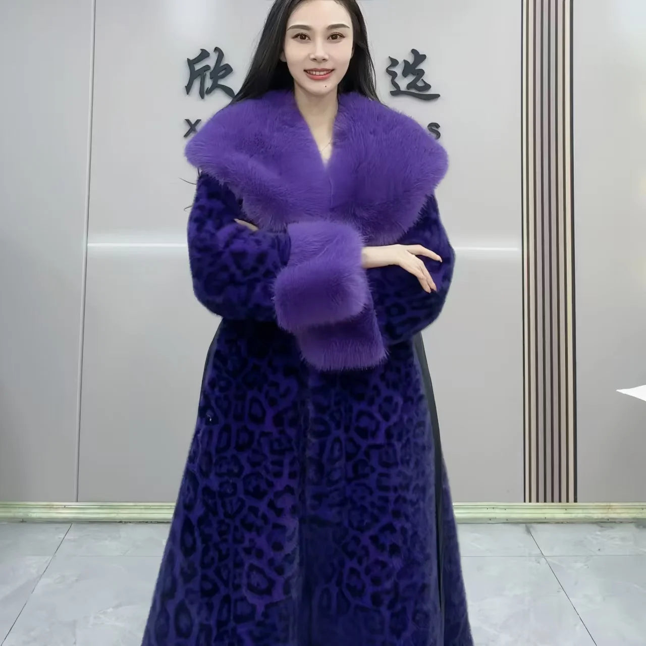 Faux fur coat for women,turn-down collar long jackets,adjustable waist casual overcoat, leopard, spliced, new winter