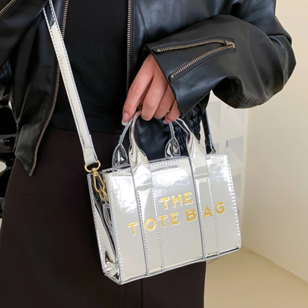 Patent Leather Shoulder Bag Fashion Letter Ladies Tote Bags Casual Adjustable Strap Simple Shiny Portable for Weekend Vacation