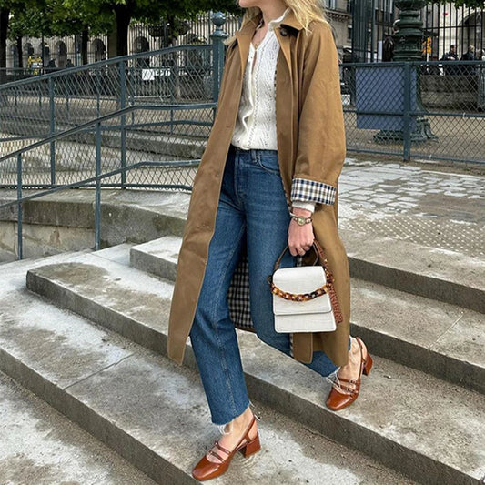 Flip Collar Single Breasted Long Jacket Cross border Fashion Women Personalized Street Slimming Trench Coat