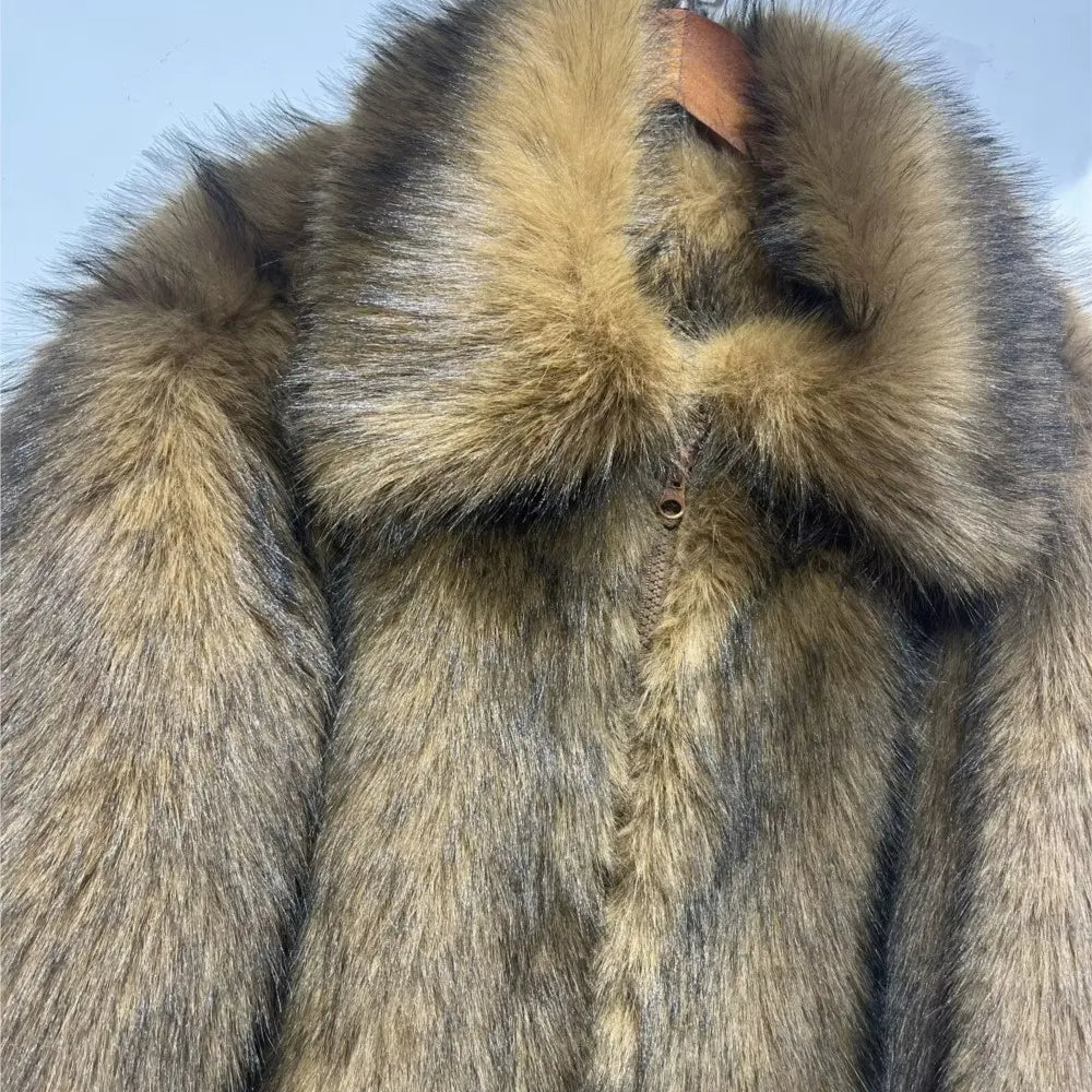 Winter Gradient Brown Long Hairy Shaggy Raccoon Faux Fur Coat Full sleeve Furry Women Big Lapel Furry Coat Loose Short Outerwear