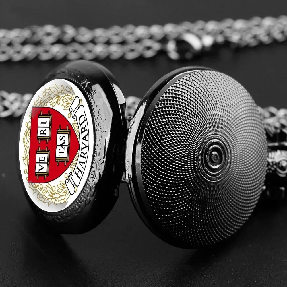 Harvard University Logo Glass Dome Quartz Pocket Watch with Chain for Men and Women Exquisite Jewelry Accessories birthday Gifts
