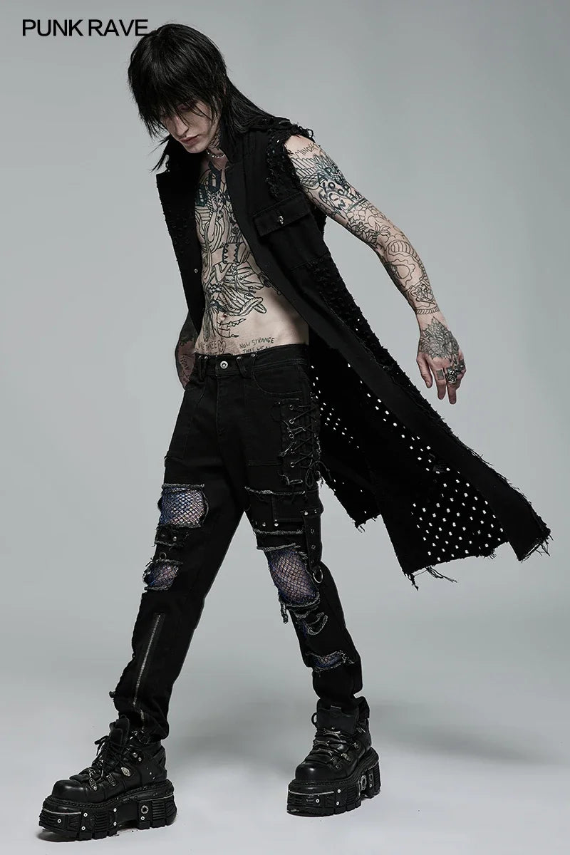 PUNK RAVE Men's Punk Old Medium Length Sleeveless Vest Non-elastic Woven Fashion Casual Handsome Men Jacket  Four Seasons