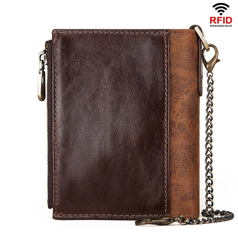 Cowhide Leather Men Short Wallet Zipper Rfid Bifold Coin Purse Credit Card Holder For Male Vintage Chain Clutch Money Bag JYE447
