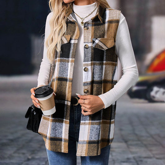 Women Fashion Plaid Sleeveless Vest For 2024 Autumn And Winter Pocket Decoration Loose Button Long Vests Jackets For Woman