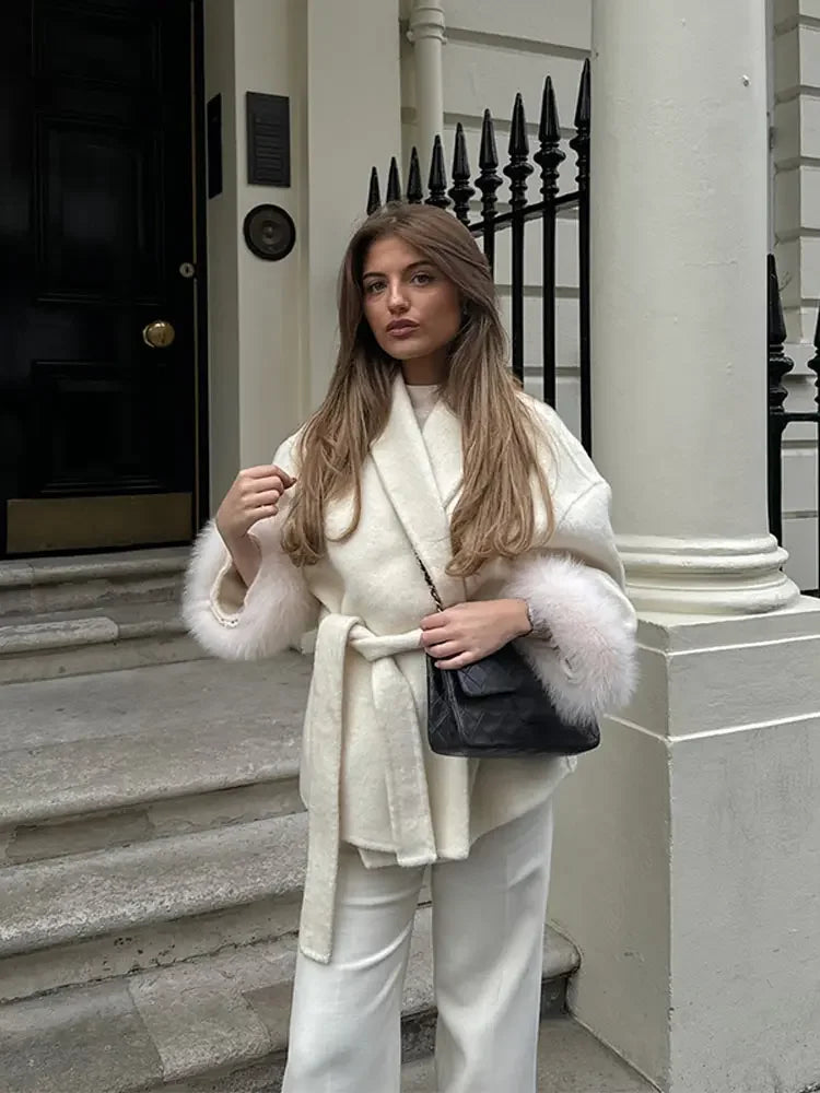Elegant Lace Up Fur Patchwork Coat Women Loose Solid Long Sleeve V-neck Open Stitch Coats Female 2025 Autumn Fashion Lady Jacket