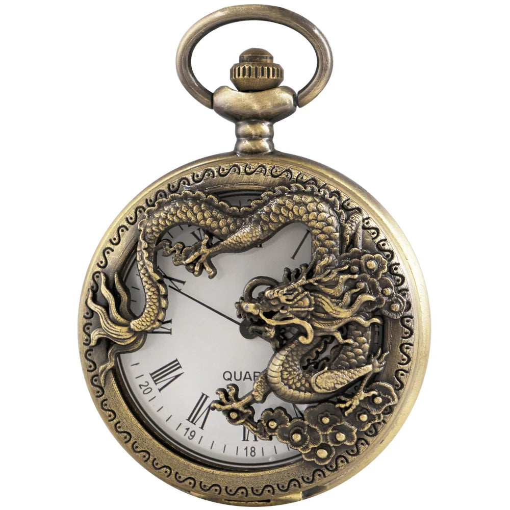 Flying Dragon Embossed Hollow Digital Quartz Pocket Watch Men's High Quality Necklace Timing Pendant Women's Jewelry Gift Clock