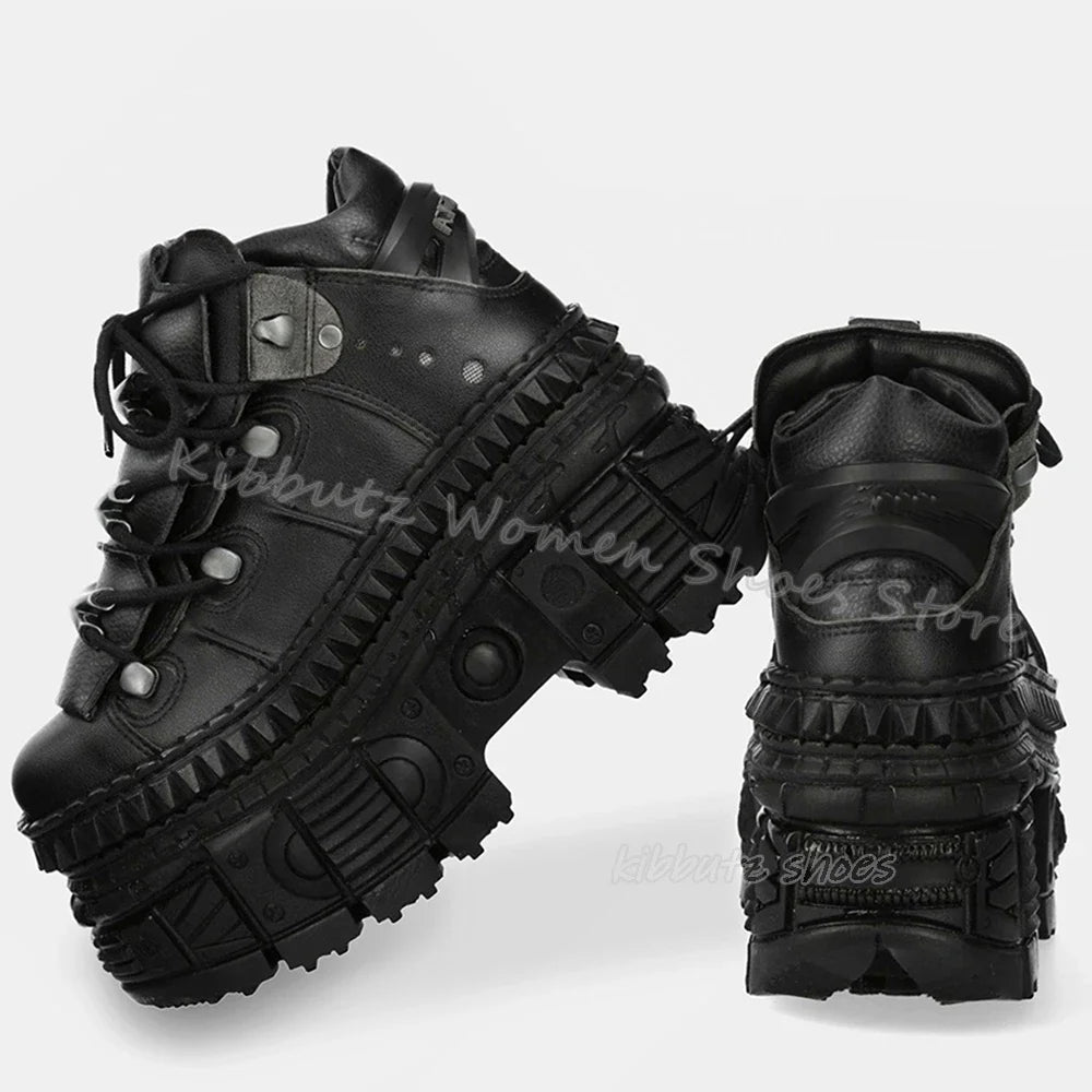 Rivets Gothic Sneaker Thick Bottom Platform Punk Rock Dark Style Lace-Up Fashion Sexy Women Shoes Round Toe Genuine Leather New