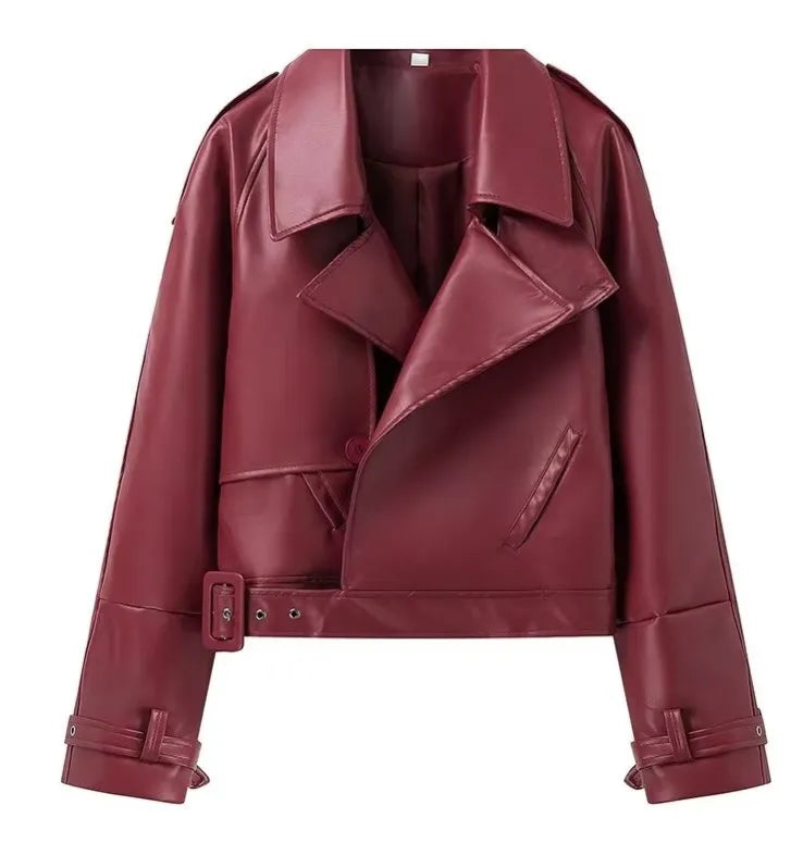 Women's Red Pu Leather Burgundy Solid Lapel Cropped Jacket Female Pockets Long Sleeves Short Coat 2024 Lady Autumn Streetwear