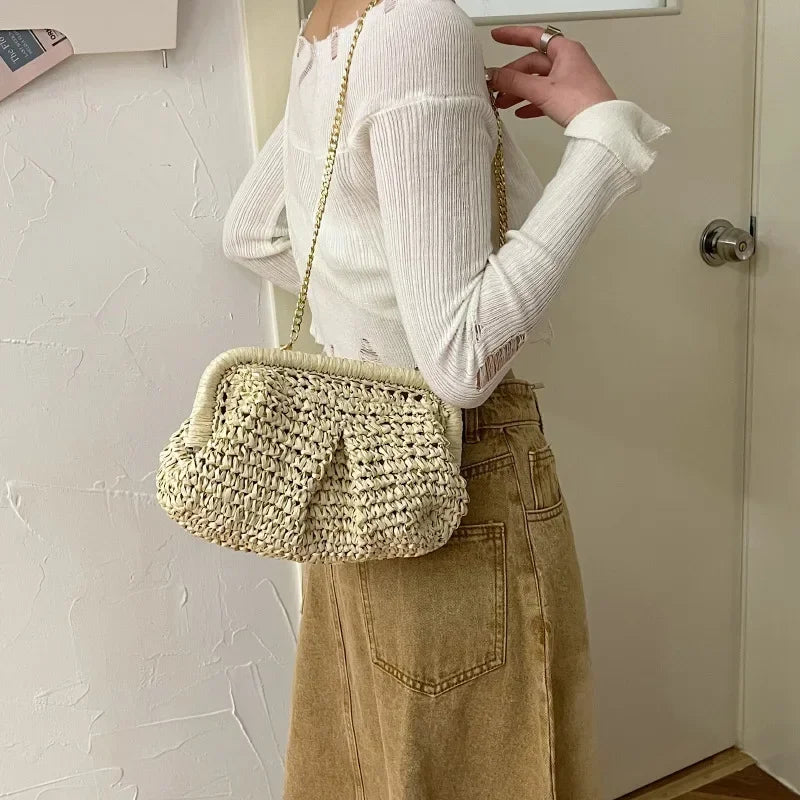 Summer Designer Shoulder Crossbody Bag Straw Weaving Clutch Purse Women Dumpling Crossbody Beach Bag Fashon Cloud Pouch