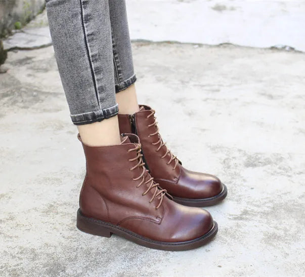 Careaymade-Genuine Leather women's boots,retro literature art big head wide edition medium short wool boots warm Casual boots