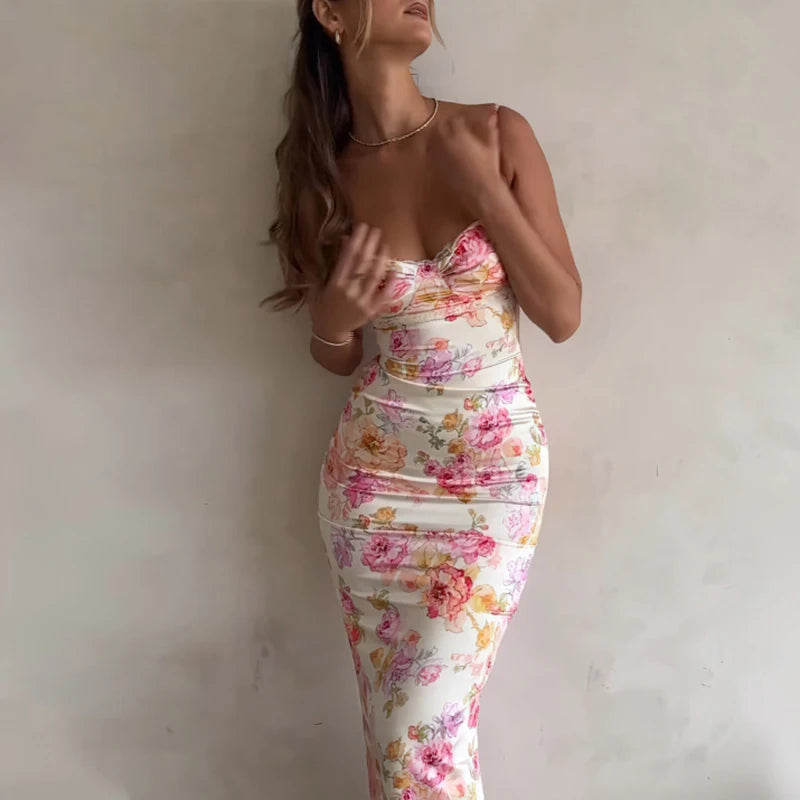 Summer Flower Print Sleeveless Straps Dress Women Sexy V Neck Lace Slim Bodycon Long Dress Spring Hollow Out Night Party Dresses
