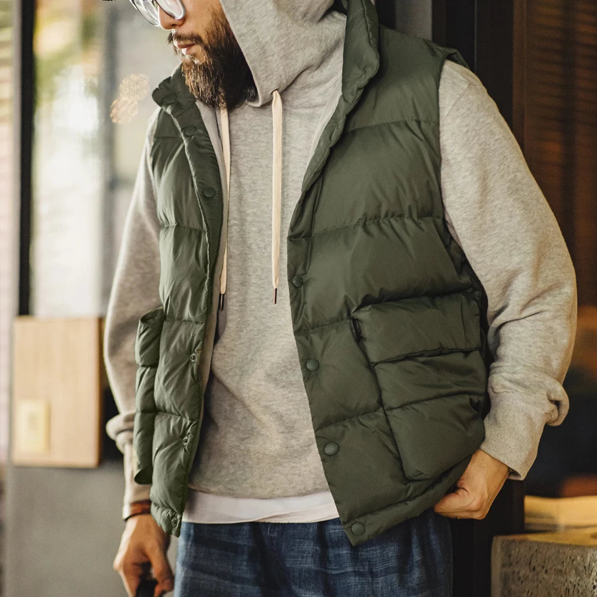 Maden Men's Autumn and Winter Down Vest White Duck Down Filling Thickened Warm Stand-up Outerwear Vests Large Double Side Pocket