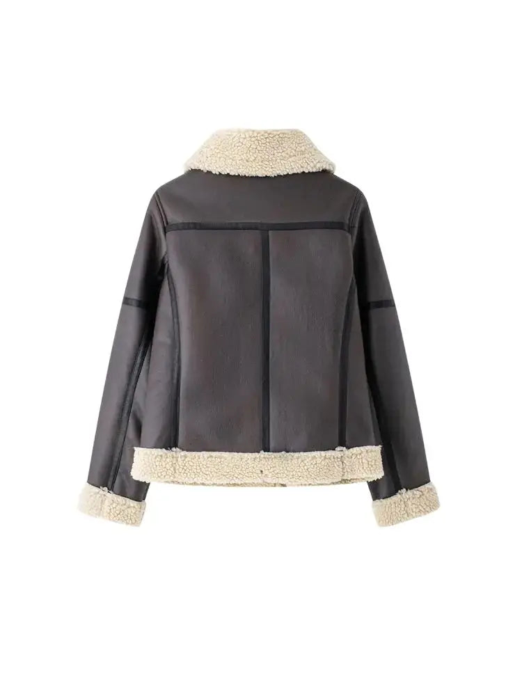 TRZA-Women's Thick Warm Suede Jacket with Belt, Long Sleeve Coats, Faux Shearing, Female Outerwear, Chic Tops, Winter Fashion