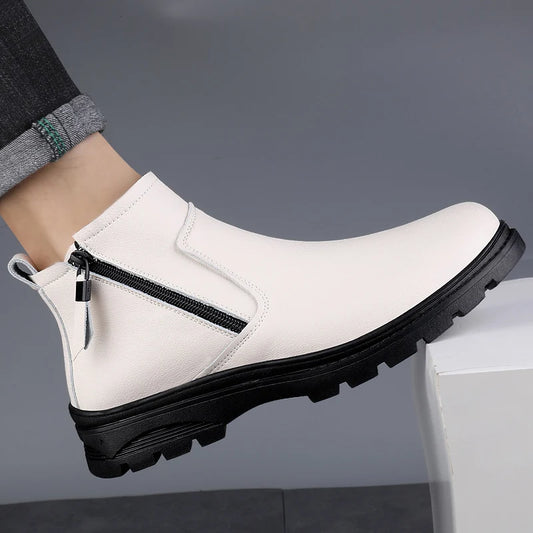 Genuine Leather Mens Shoes Side Zipper Basic Boots Chelsea Ankle Botas Trendy Wedding Comfy Dress Shoes Suit White Men's Boots