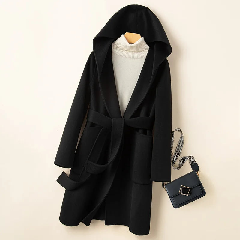 Women Double-sided Middle Long Length Woolen Hoodie Coat With Belt Lace Up Hooded Slimming Wool Jacket Autumn Winter Outerwear