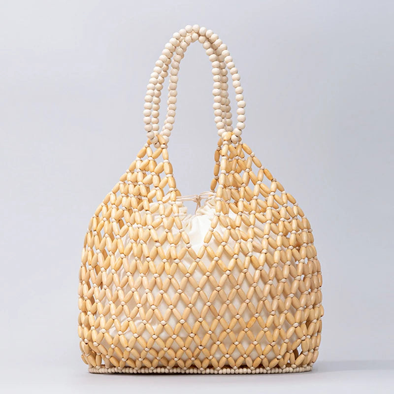 Simple Casual Handwoven Wooden Bead Handbag New Retro Versatile Summer Vacation Handheld Women's Shoulder Bags Water Bucket Bag