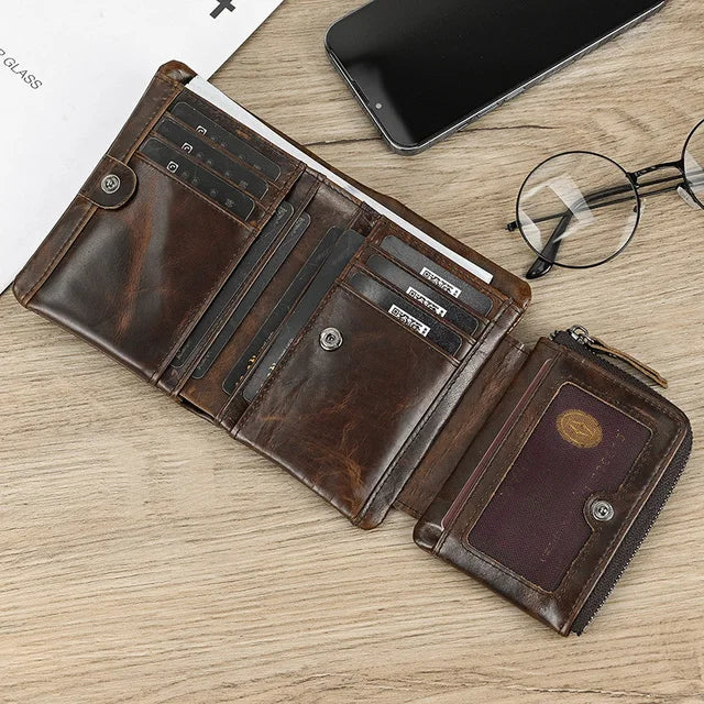 Leather Men‘s Short Wallet Hasp Genuine Leather Unisex Zipper Coin Clutch Purse Cowhide Card Holder Trifold Man wallets