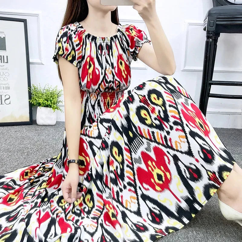 Cotton Silk floral Short sleeved Dress Beach vacation Big swing Dress New Summer 2025 Printed One neck Long Dresses