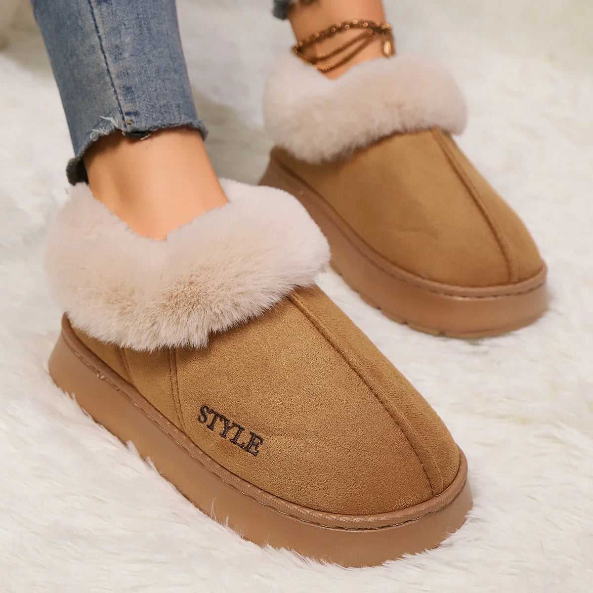 Women's Winter Fur Shoes Male Ankle Boots Platform Slippers Home Warm Fashion Outdoor Basis Thick Wool Wool Short Boots