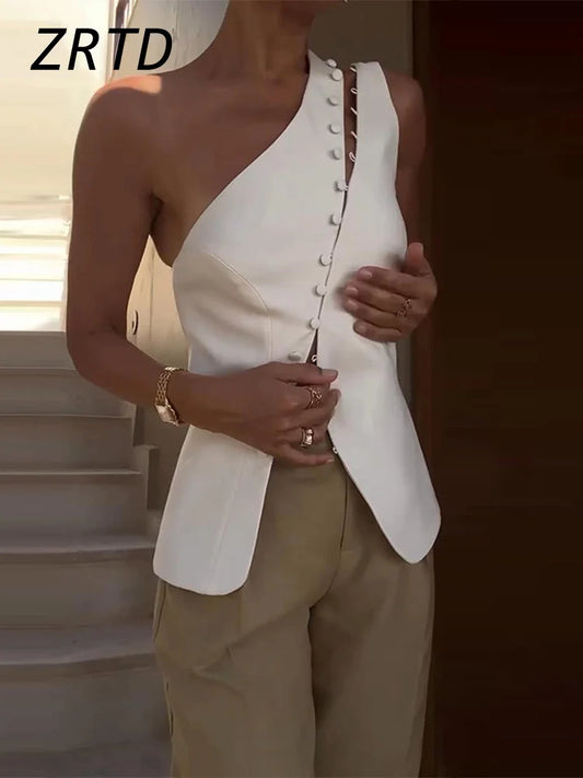Elegant Women's One Shoulder Waistcoats Slim Skew Collar Sleeveless Single Breasted Split Vests 2025 Summer Lady Street Outwear
