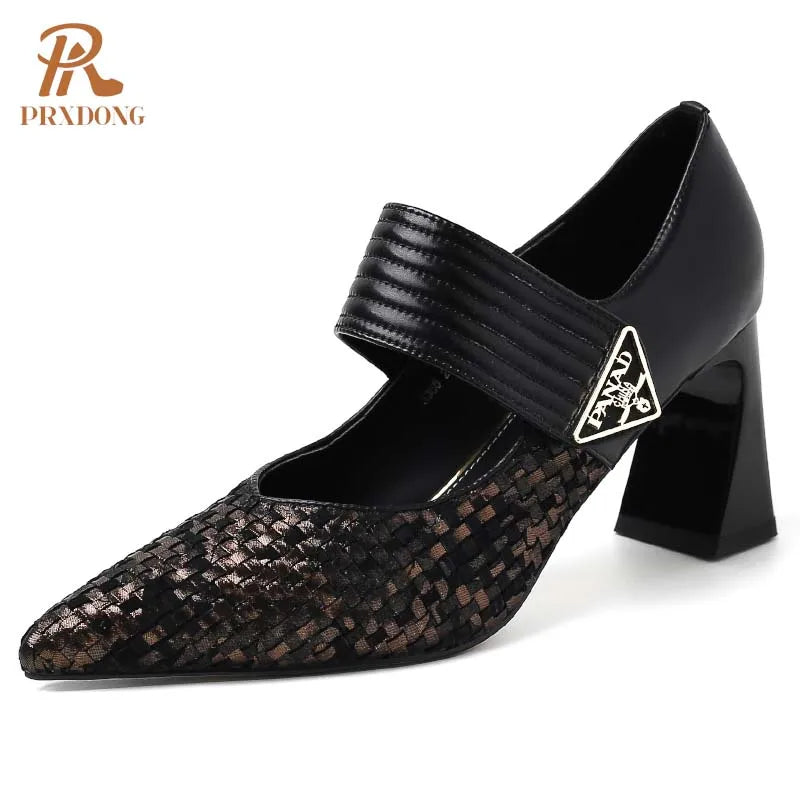 PRXDONG Genuine Leather Women Pumps 2025 New Spring Summer High Heels Pointed toe Black Brown Dress Party Female Shoes Size 40