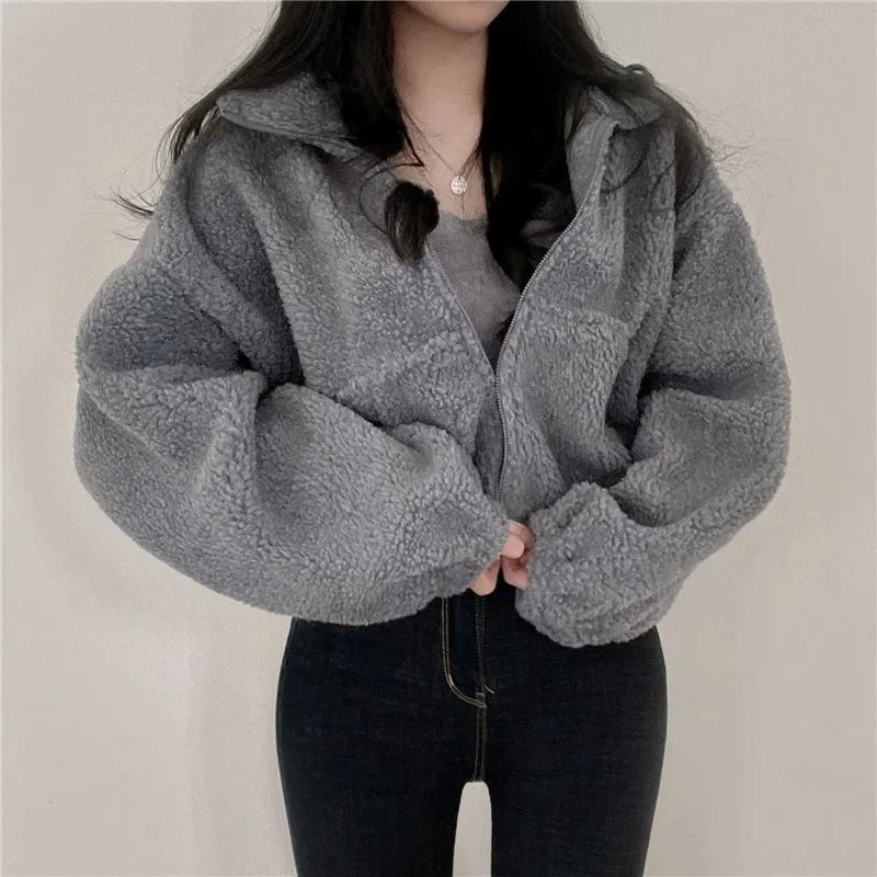 Women's Short Zipper Hoodie Thickened Stand Collar Lamb Velvet Jacket Loose Fit Autumn Winter Casual Style Outerwear