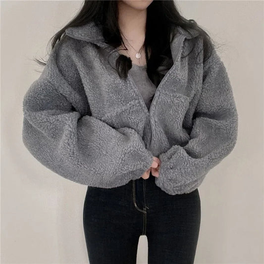 Women's Short Zipper Hoodie Thickened Stand Collar Lamb Velvet Jacket Loose Fit Autumn Winter Casual Style Outerwear