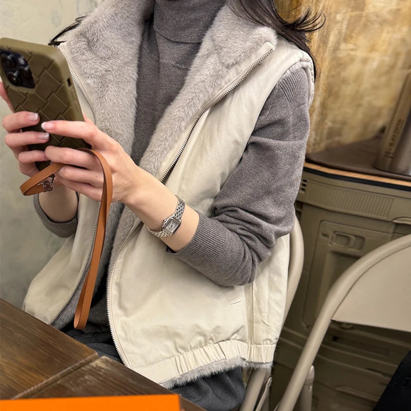 Women Korean Style Mink Fur Reversible Vest Coats Autumn Winter High-end Stand Collar Thick Warm Loose Casual Zipper Waistcoat