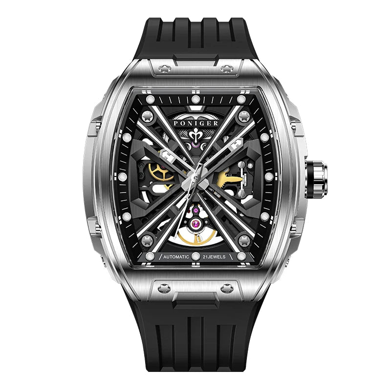 PONIGER New Men's Watch Automatic Movement Mechanical Tourbillon Design Men Watch Stainless Steel Case Waterproof Luminous Watch