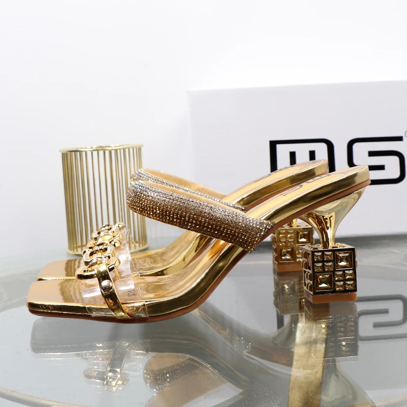 Women's slippers 2025 summer fashion Transparent belt metal decoration box shaped square Alien heel high heels wearing sandals