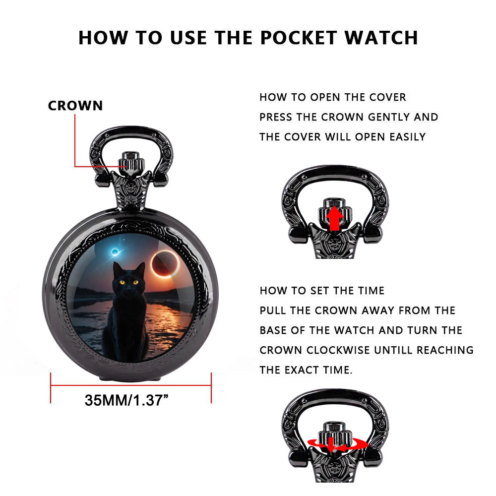 Halloween Black Cat Design Glass Dome Fashion Arabic Numerals Quartz Pocket Watch Necklace Pendant Chain Mens Women Gifts