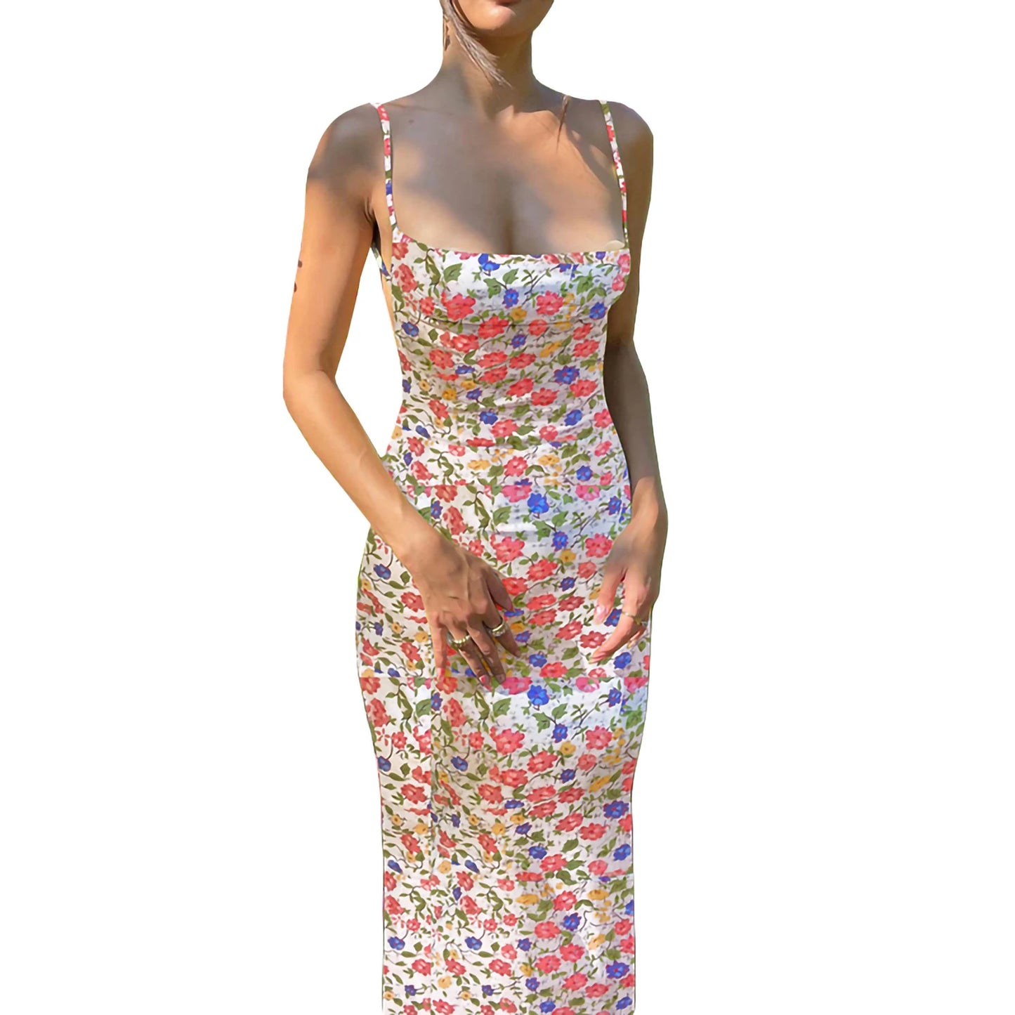 Women Chic Tube Backless Dress Spaghetti Strap Satin Elegant Maxi Bodycon Long Dress Y2K Floral Printed Sundress Streetwear