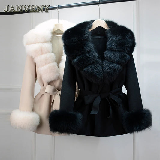2025 Fashion Winter Real Fox Fur Collar Cuff Cashmere Wool Coat Women Suit Collar Warm Loose Mid Length Belted Wool Coat Blends