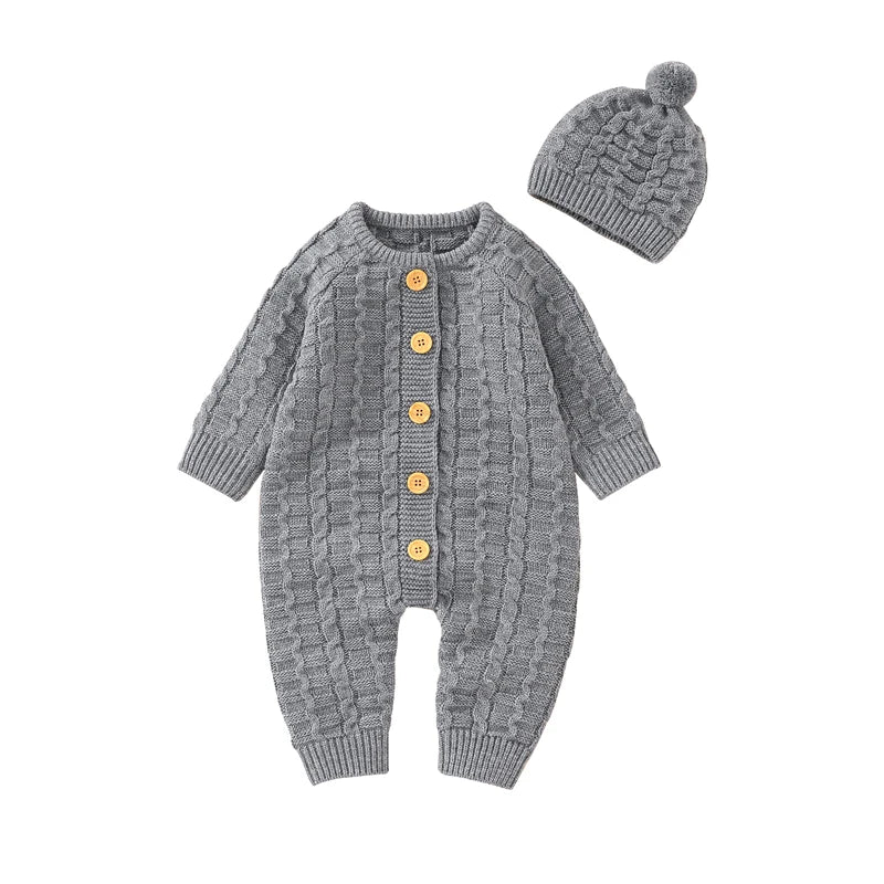 Winter Baby Rompers Clothes Solid Long Sleeve Knitted Newborn Boys Girls Jumpsuits Hats Outfits Sets 0-18m Autumn Infant Costume