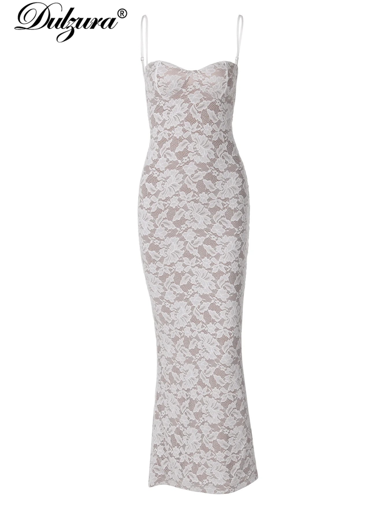 Dulzura Floral Sexy Lace Spaghetti Straps Midi Dress Women Bodycon Backless Split Dresses Cocktail Party Club Wedding Guest Y2K