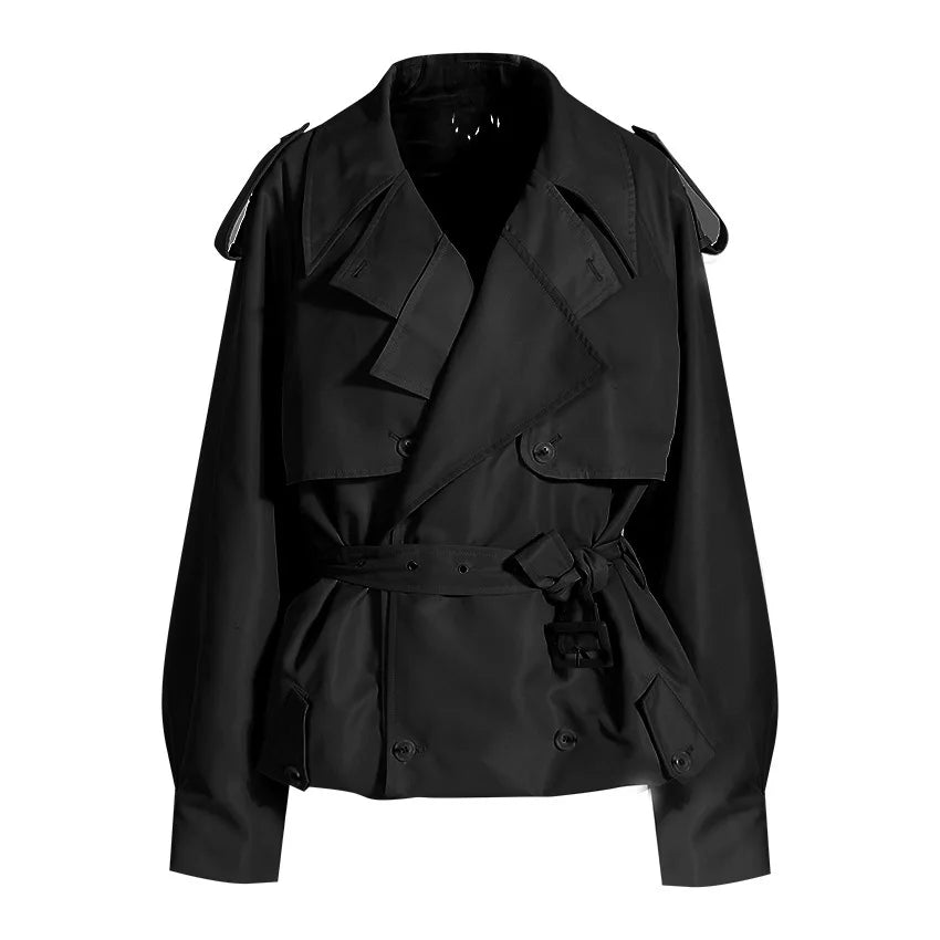 DEAT Fashion Women Cotton Trench Coat Lapel Raglan Sleeve Double Breasted Solid Color Short Windbreaker Autumn 2025 New 7AB1302