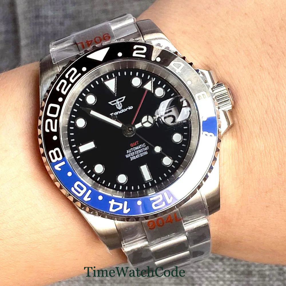 Tandorio 40mm NH34A Men's Automatic Watch GMT Function Luminous Black Dial Sapphire Crystal Auto Date Bracelet Rotating Bezel