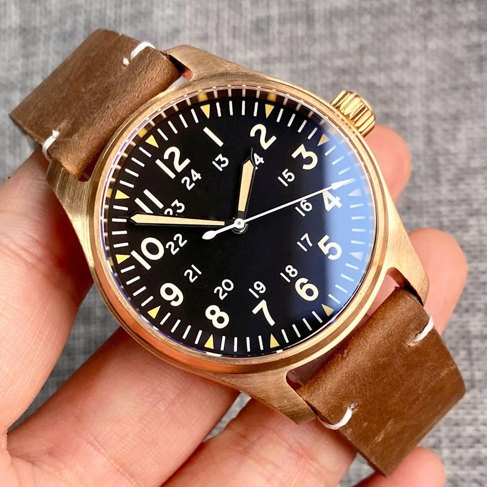Tandorio CuSn8 Real Bronze NH35A PT5000 Dive Mechanical Watch Men Vintage Pilot Wristwatch 20bar Sport Clock Sunburst Green/Red