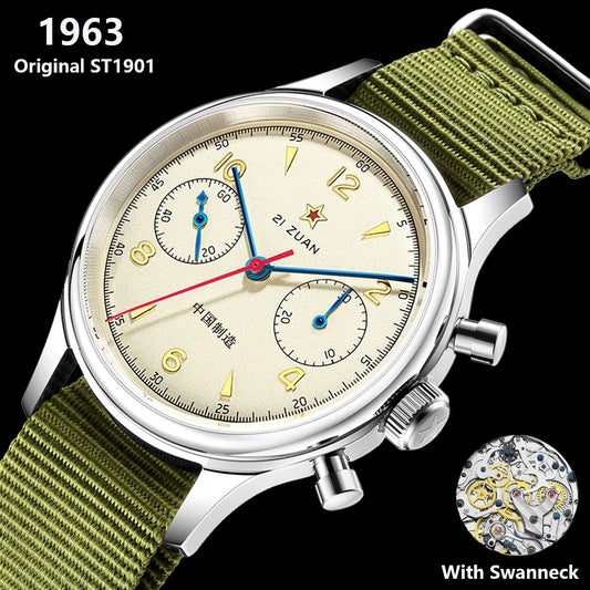 SEAKOSS 38mm Men's 1963 Chronograph Sapphire Mechanical Watches with Seagull Movement ST1901 Military Wristwatch Gooseneck 40mm