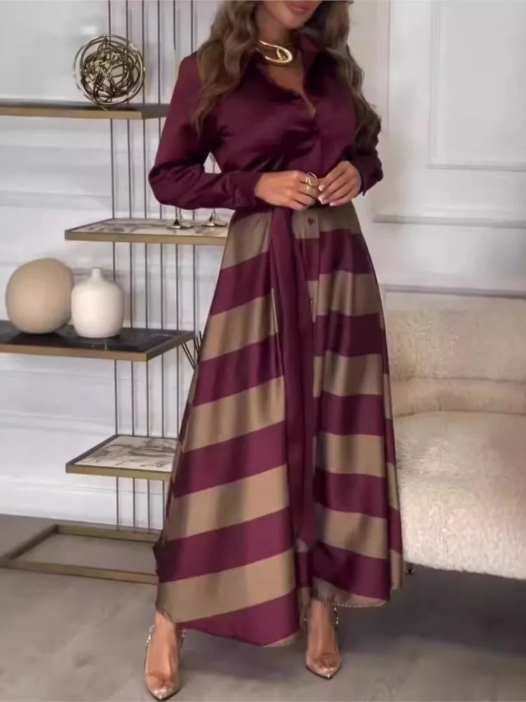Fashion Long-sleeved Lapel Dress For Women Elegant Autumn Winter Lace-up Striped Printing Splicing Loose Casual Dresses Female