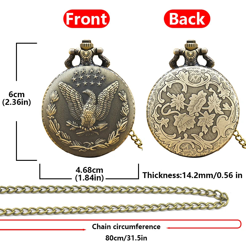 Vintage Bronze Steampunk Star Eagle Carved Quartz Pocket Watch Necklace Pendant Clock Chain Men Women Chain Gift