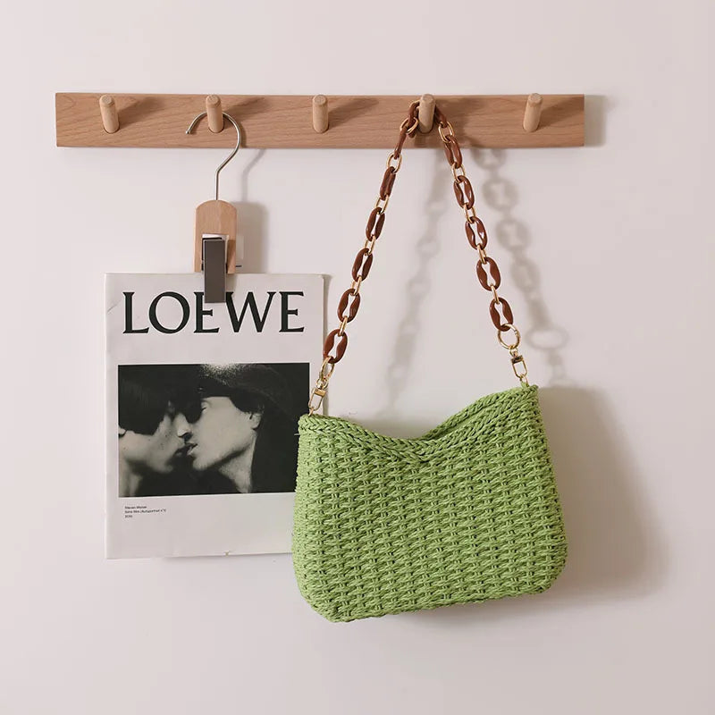 Small fresh purple underarm woven bag New crescent single shoulder solid straw woven bag Women's beach holiday beach bag